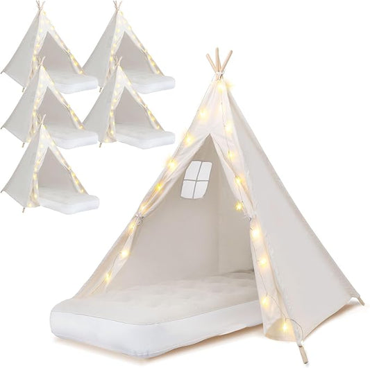 6 Pack Teepee Tent for Kids [Thickened] with Light String and Inflatable Airbed, Slumber Party Tents, Sleepover Tents Party for Girls Boys Indoor Outdoor (White)