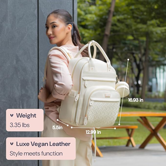 BabbleRoo Leather Diaper Bag Backpack - Baby Essentials Travel Baby Bag, Multi function, Waterproof, with Changing Pad, Stroller Straps & Pacifier Case – Unisex, Eggshell White