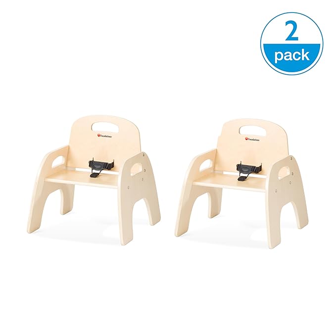 Foundations Simple Sitter Low Wood Feeding Chairs Multipack, Wide No-Tip Base, Adjustable Safety Harness, Stackable Wood Toddler Chairs with Food Service Grade Finish, 2 Pack (9 inch)