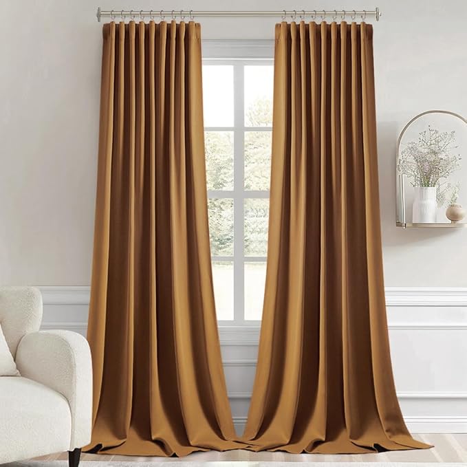 MIULEE Golden Brown Back Tab Blackout Curtains 108 Inch Long 2 Panels Set for Bedroom, Rod Pocket/Pinch Pleat Extra Long Thermal Insulated Living Room Darkening Pleated Light Blocking Drapes