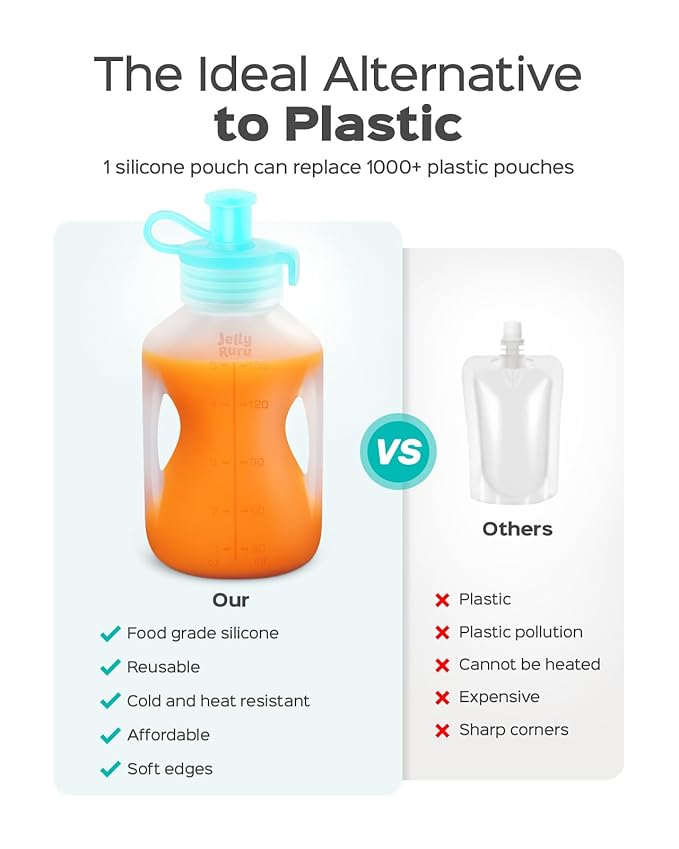 Silicone Reusable Baby Food Pouches with Straws, 4 Pack Leakproof Refillable Squeeze Pouches, Dishwasher, Freezer, Microwave Safe, 5OZ Baby Food Storage for Homemade Puree, Yogurt