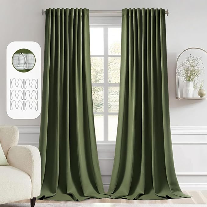 MIULEE Olive Green Back Tab Blackout Curtains 108 Inch Long 2 Panels Set for Bedroom, Rod Pocket/Pinch Pleat Extra Long Thermal Insulated Living Room Darkening Pleated Light Blocking Drapes