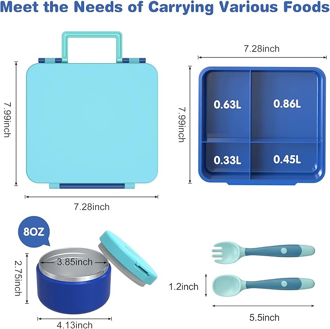 Bento Lunch Box with 8oz Soup Thermo, Kids Leakproof Lunch Food Containers with 4 Compartment, Kids Thermo Insulated Hot Food Jar for School, Trvael（Blue