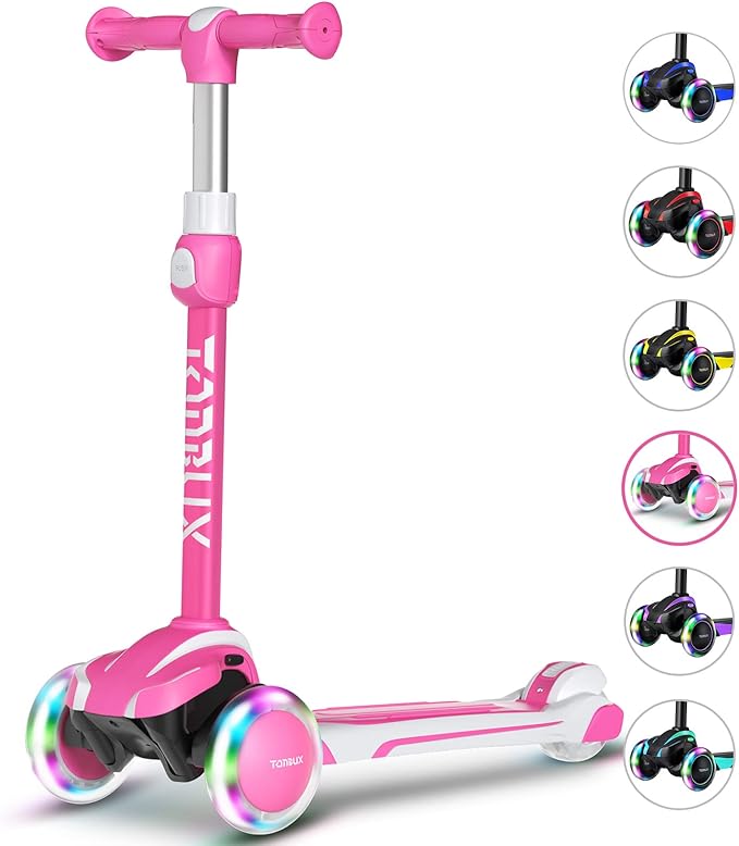 TONBUX Kids Scooter for Age 3-12, Toddler Scooter with 4 Adjustable Heights, Light Up 3-Wheels Scooter, Shock Absorption Design, Lean to Steer, Balance Training Scooter for Kids