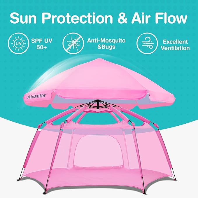 Alvantor Pop Up Playpen- 7'x7'x44”Baby Playpen Large Kids Play Tent Portable and Foldable Playpen Indoor/Outdoor Play Yard with Protective Mesh, UV SPF 50+ Sunshade, and Soft Foam Floor, Pink