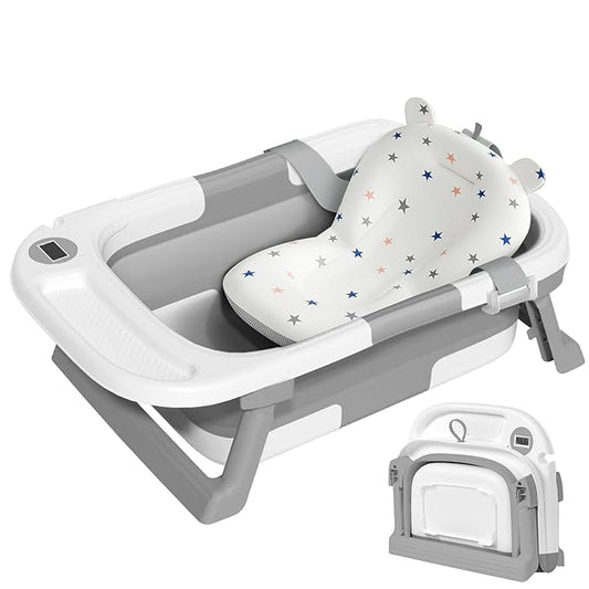 Collapsible Baby Bathtub,Baby Bath Tub with Thermometer & Soft Cushion,Baby Bathtub for Newborn to Toddler 0-36 Months,Portable Travel Baby Tub with No-Slip Feet,Baby Shower Gifts,Grey
