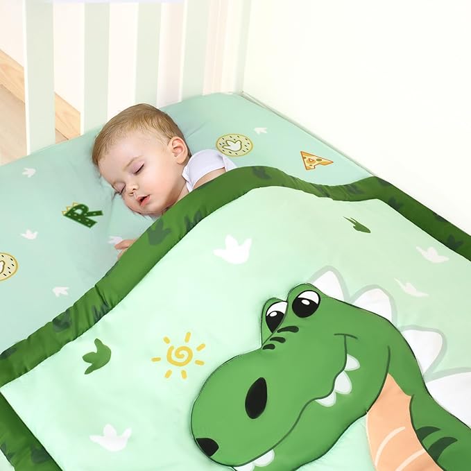 Cloele Crib Bedding Set for Boys,4 Piece Dinosaur Baby Bedding Set,Standard Size Toddler Nursery Bedding Includes Comforter,Crib Skirt,Fitted Sheet&Pillowcase,Soft Dinosaur Blanket-Green