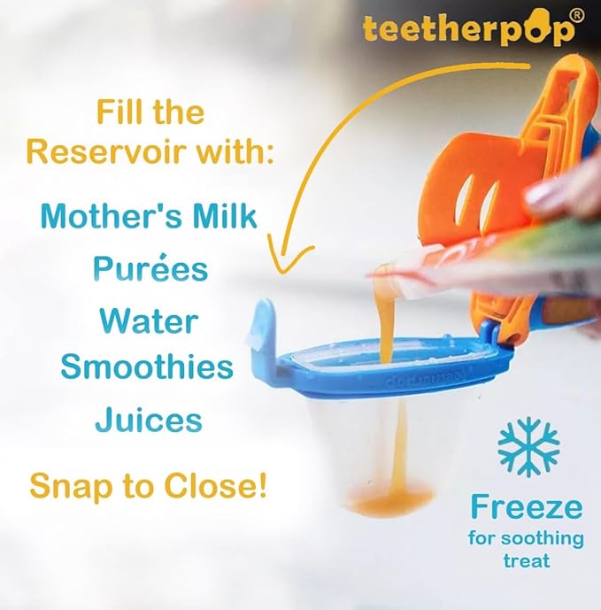 Teetherpop Fillable Silicone Teether for Babies – Breastmilk Popsicle Molds for Teething with Spill-Proof Sippy Slits – Freezable Baby Teethers for Liquids & Purées - Cool Relief (BlueLime & LimonTeal