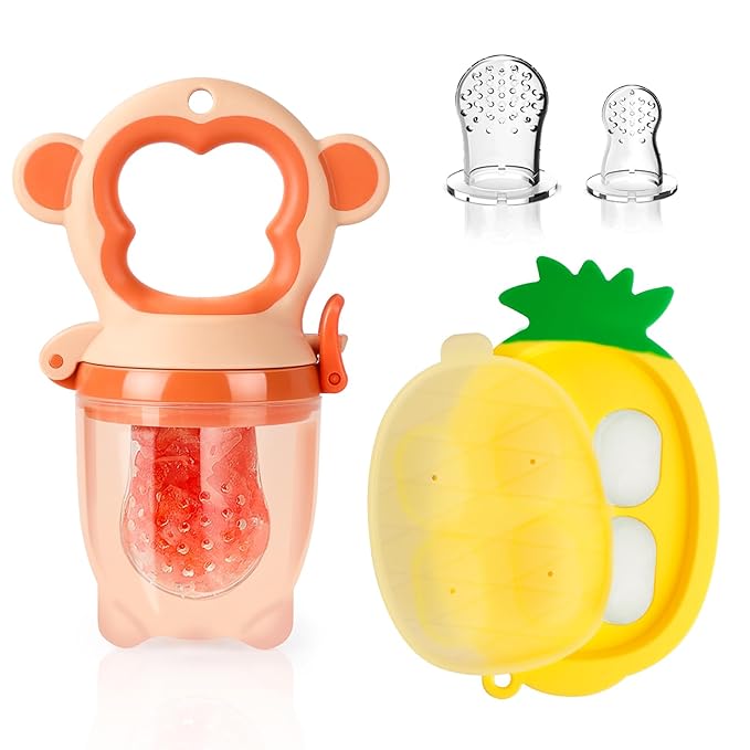 Baby Fruit Food Feeder - Silicone Nibble Tray Combo - Breastmilk Popsicle Mold for Cooling Relief, BPA Free Mesh Feeder for Infant Self Feeding (Monkey Orange + Pineapple)