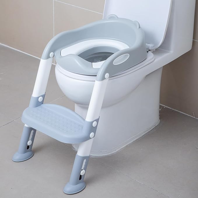 Potty Training Toilet Chair Seat with Step Stool Ladder for Kids and Toddler Boys Girls - Foldable Height Adjustable Children Toilet Training Seat with Safe Handles & Anti-Slip Pads, White-Grey
