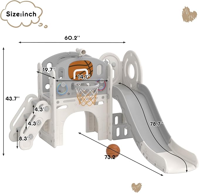 XJD 8 in 1 Toddler Slide Set, Kids Slide for Toddlers Age 1+, Toddler Climber Slide PlaySet with Basketball Hoop and Ball,Outdoor Indoor Playground for Toddlers 1-3 (Beige Grey, 8 in 1)