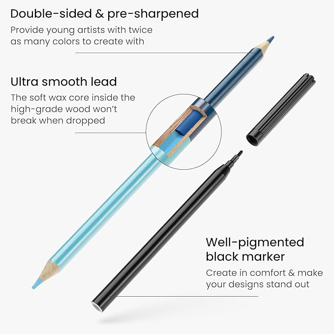 ARTEZA Kids Tracing Activity Book – 50 Double-Sided Sheets, Colored Pencils, Marker, Eraser & Sharpener – Art Kit for Ages 6 and Up