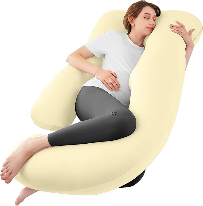 Sasttie Pregnancy Pillows for Sleeping, U Shaped Cooling Full Body Pregnancy Must Haves, 57 Inch Maternity Pillow for Pregnant Women, Pillow with Removable Cover for Side Sleeper, Light Yellow