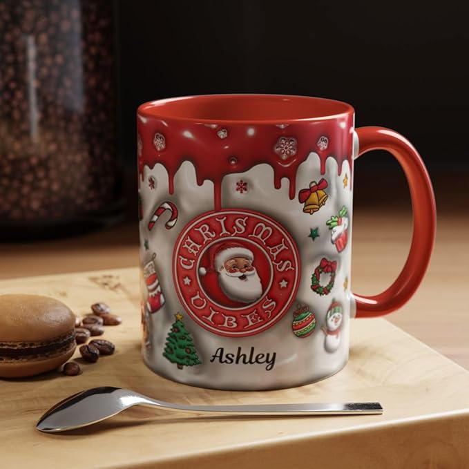 Personalized 3D Effect Christmas Accent Mugs with Names, Santa Claus Coffee Mug, Custom Reindeer Mug Christmas Gifts For Women Men Friends Sister Mom Family Xmas Mug 11 or 15 Oz