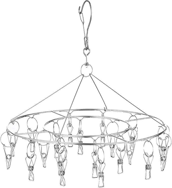 CenYouful Stainless Steel Round Hanging Drying Rack with 20 Clips for Drying Socks, Baby Clothes, Bras, Towel, Underwear, Hat, Scarf, Pants, Gloves