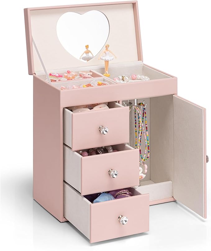 Vlando Musical Jewelry Box with Spinning Ballerina, Girls’ Jewelry Organizer for Necklaces Rings and Hair Accessories, Gift for Girls and Kids, Pink