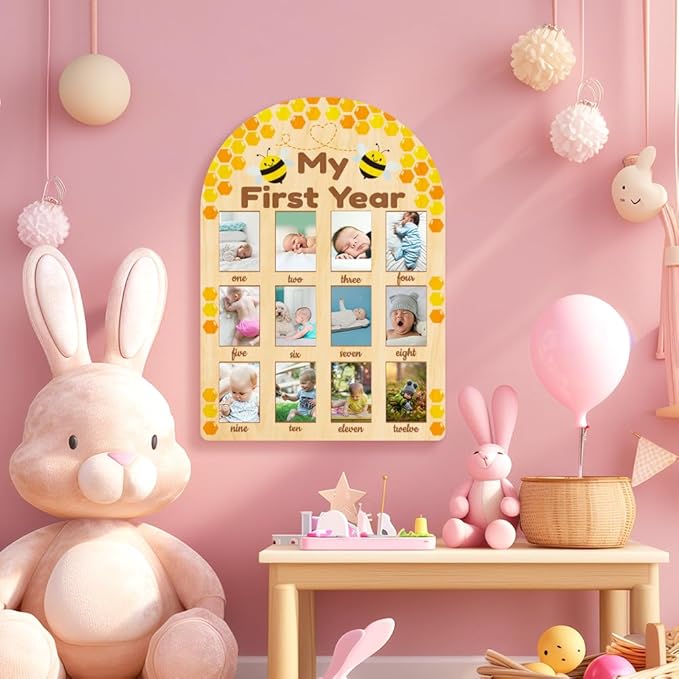 ORIGACH My First Year Baby Growth Photo Display Wood Board - 12 Months Newborn Milestones Photo Board - Neutral Baby Keepsake Board 1st Birthday Party Nursery Decor New Mom Gift - Bee