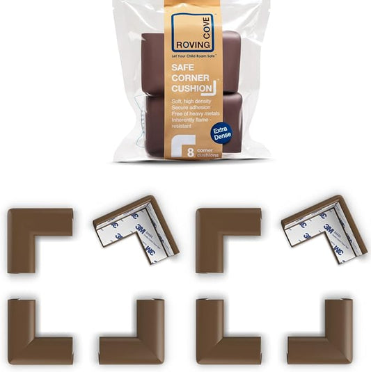 Roving Cove Slim-Fit Corner Protector for Baby Proofing (8 Small Corners), Soft Rubber Foam Furniture Corner Bumper Guards, 3M Adhesive Pre-Taped, Coffee Brown