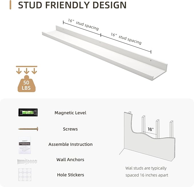 Picture Ledge Shelf, Wood Floating Shelves Set of 2, 36 inch Picture Ledge Shelves, Photo Ledge Nursery Book Shelves Wall Mounted for Living Room Kids' Room Bedroom, Color White