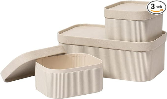 LA JOLIE MUSE Storage Basket Set of 3 with Leather Lids Fluted Cardboard - Light Grey