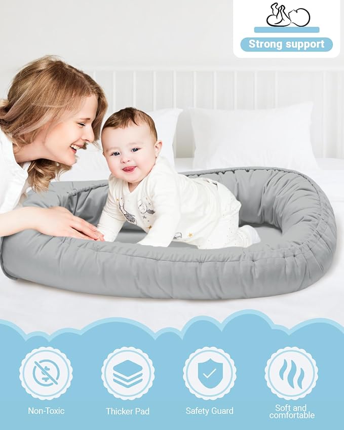 Baby Lounger for Newborn 0-24 Months, Breathable & Soft Infant Lounger, Adjustable Tummy Time Lounger for Home and Travel, Baby Girls & Boys Newborn Babies Essentials Stuff, Grey