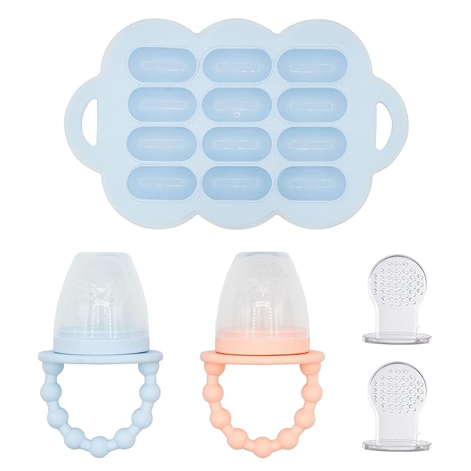 WeeSprout Silicone Baby Food Feeders + Freezer Tray for Batch Prep, Set of 2, Introduce New Foods Safely, Double as Teething Toys, Includes 2 Extra Pouches & Travel Lids, Dishwasher Safe