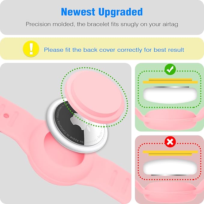 Waterproof Airtag Bracelet for Kids [2 Pack], Cute Cartoon Air Tag Holder for Kids with Full Coverage Hidden Design, Silicone Airtag Wristband for Child, Healthy Material Blue + Pink