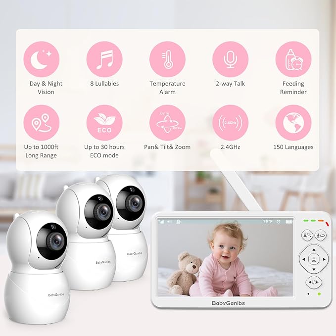 6" Big Screen No WiFi Baby Monitor with 3 Cameras, 1000ft Long Range, 2-Way Talk, 8 Lullabies, ECO Mode, Infrared Night Vision, 150 Languages, Perfect Baby Shower,Baby Register Gift