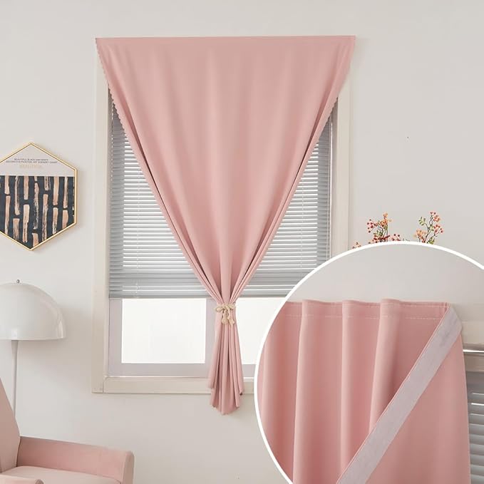 Self Adhesive Blackout Curtains- Stick on Curtains Shades Window Blinds Curtains No Rod Needed Easy to Hang Curtain, Use for Bedroom, Living Room,Roman Shades, 35" W X 71" L, Pink, 1 Panel