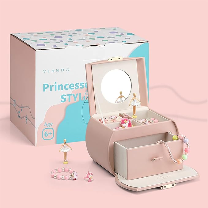 Vlando Musical Jewelry Box with Spinning Ballerina, Lockable Girls’ Jewelry Organizer for Necklaces Rings and Hair Accessories, Gift for Girls and Kids, Pink