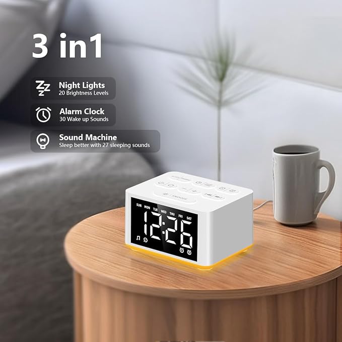 【3 in 1】 Sound Machine Dual Alarm Clock Night Light White Noise Machine 27 Sleeping Sounds for Adults Kids Precise 32 Level Volume Sleep Timer Memory Function Digital Clock with 30 Wake Up Sounds