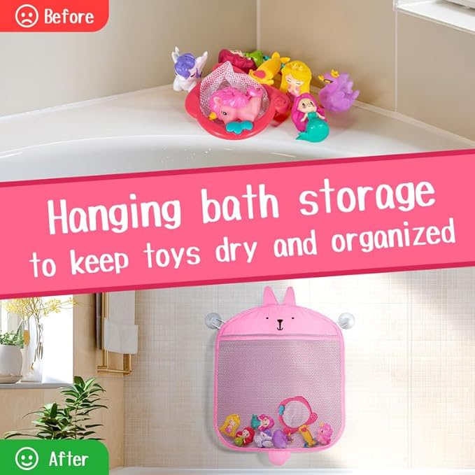 No Hole Bath Toys for Kids Ages 1-3, 8 Pcs Girl Bath Toys with Storage and Net, Sealed & Squeezable & Float on Water