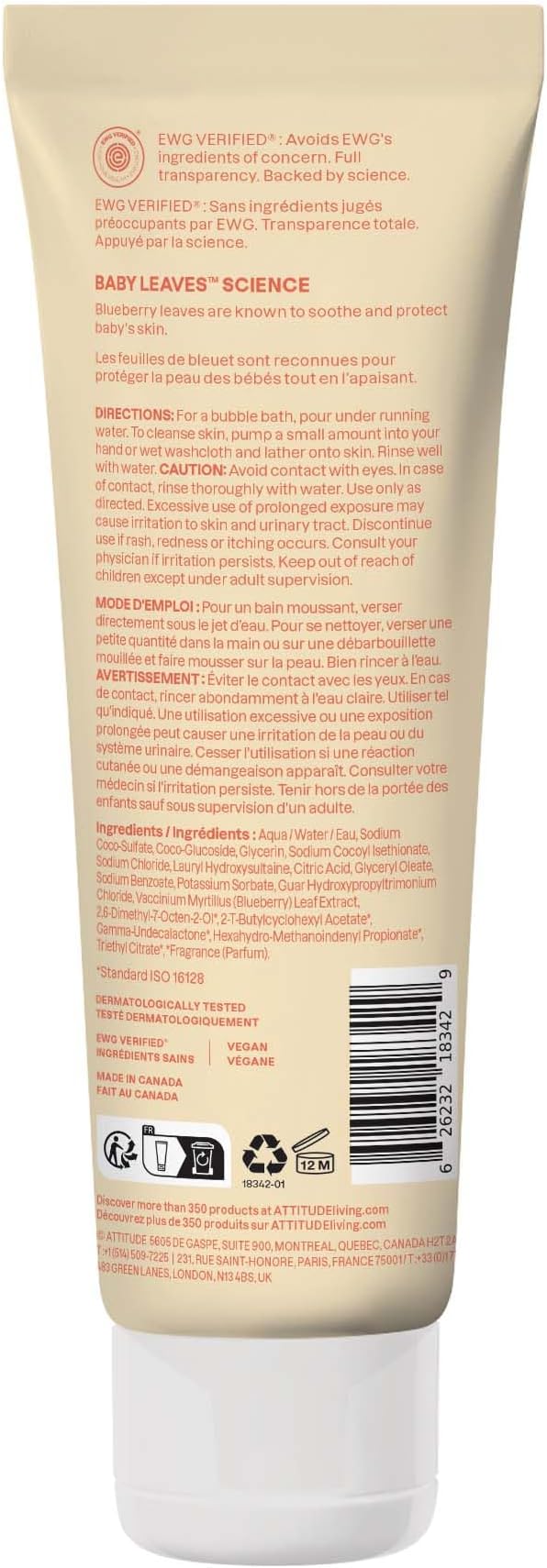 ATTITUDE Bubble Body Wash for Baby, EWG Verified, Dermatologically Tested, Plant and Mineral-Based, Vegan, Pear Nectar, 8 Fl Oz