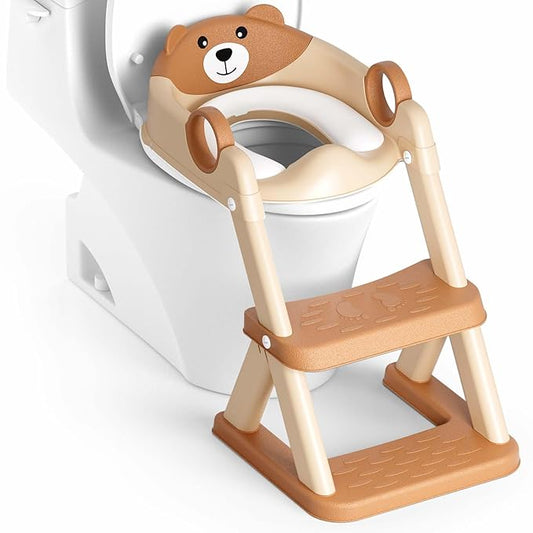 Potty Training Seat, Upgrade Toddler Toilet Seat for Kids Boys Girls, 2 in 1 Potty Training Toilet for Kids, Splash Guard Anti-Slip Pad Step Stool（Brown）