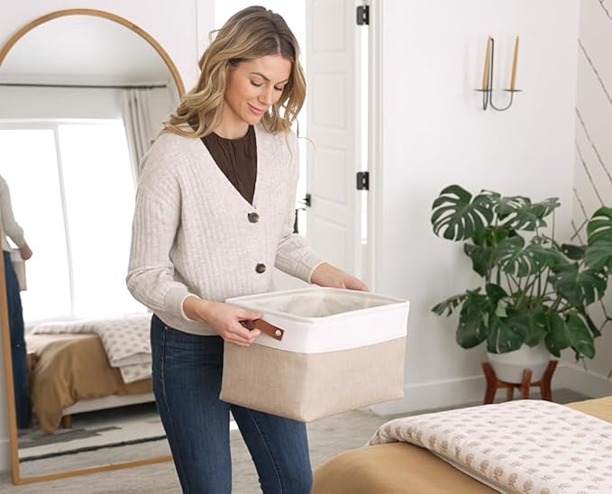 OrganiHaus Large Fabric Storage Bins for Shelves 3 Pack, 15x11in Closet Storage Bins for Shelves, Cloth Baskets & Closet Organizers, Fabric Basket, Navy Blue/White