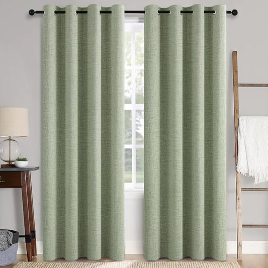 MIULEE Linen Texture Curtains for Bedroom Solid 100% Blackout Thermal Insulated Sage Green Curtains Grommet Room Darkening Drapes for Living Room Nursery 52x96 Inch (2 Panels)