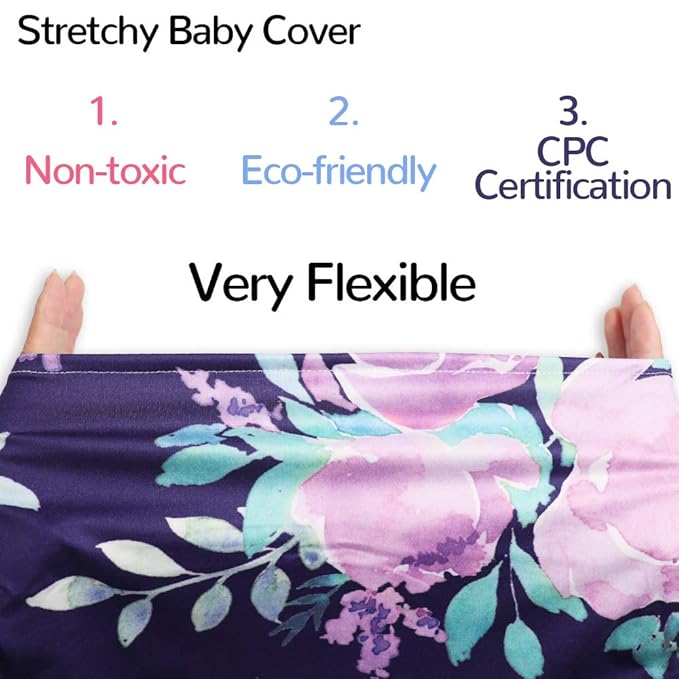 Carseat Cover Girls, Multiuse - Nursing Breastfeeding Covers, Purple Flower Theme, Car seat Canopy, Stretchy Soft Breathable