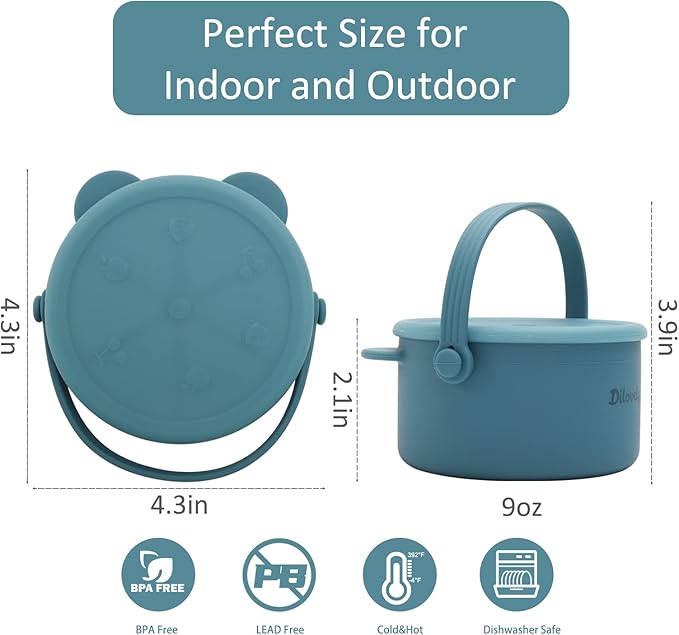 Snack Cups for Toddlers, Baby Snack Containers, Silicone Toddler Snack Cups No Spill, Food Catcher with Lid & Bucket-like Handle, BPA Free & Dishwasher Safe, 9 Ounce Colonial Blue