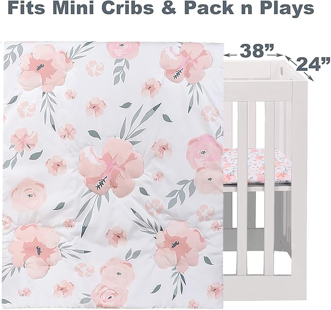 PINNKKU 3-Piece Crib Bedding Set for Boy Girls, Includes Crib Skirt, Blanket, Sheet, Baby Bedding, Floral, Mini Size