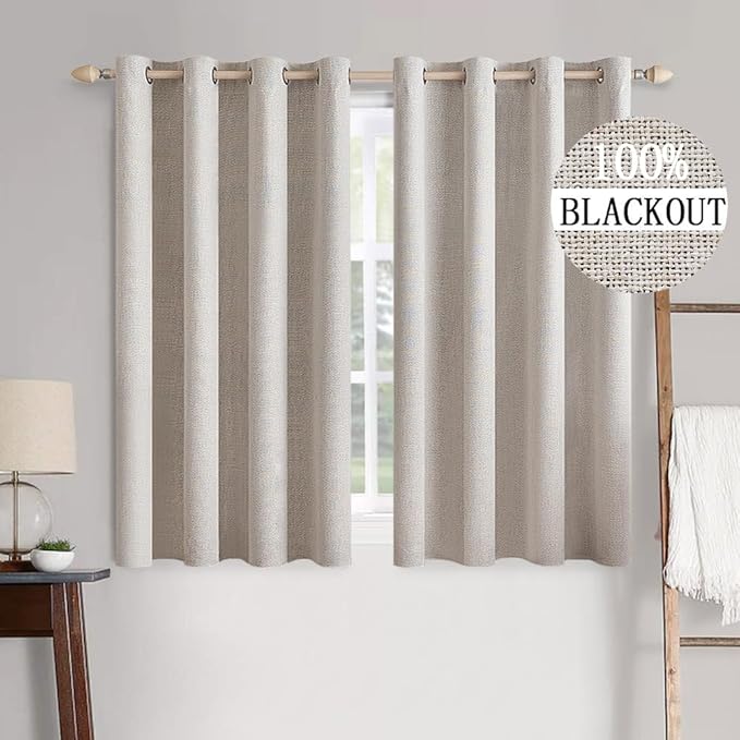 MIULEE 100% Blackout Linen Textured Curtains for Bedroom Solid Thermal Insulated Ivory Grommet Room Darkening Curtains & Drapes Luxury Decor for Living Room Nursery 52 x 45 Inch (2 Panels)