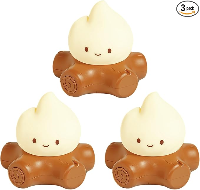 3pcs Campfire Night Light for Kids, Cute Campfire Lamp Gifts, LED Light up Flame Lights, Dimmable, Rechargeable Bedside Nightlight, Baby Nursery Dorm Kawaii Décor Toys Kits
