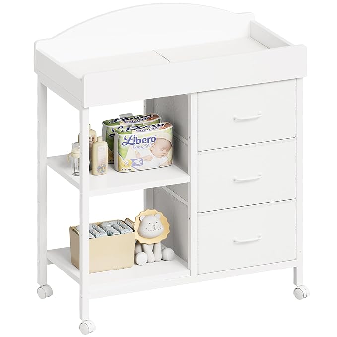 Changing Table Dresser, Baby Dresser with 3 Fabric Drawers and 2 Shelves, Multi-Functional Baby Changing Table with Pad, Classic Nursery Dresser, Diaper Changing Station for Nursery, White