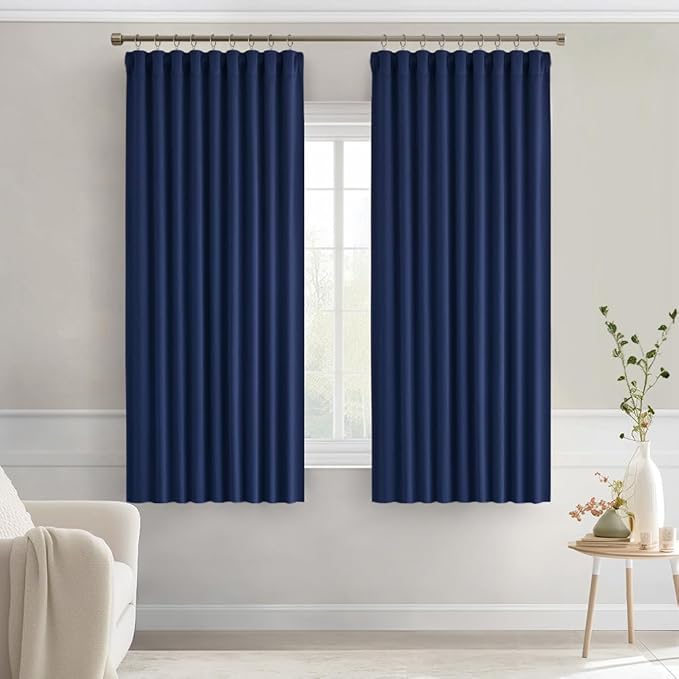 MIULEE Navy Blue Back Tab Blackout Curtains 63 Inch Length 2 Panels Set for Living Room Bedroom Privacy, Rod Pocket/Pinch Pleat Thermal Insulated Room Darkening Pleated Light Blocking Drapes