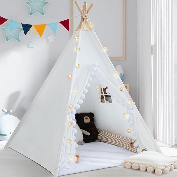 Teepee Tent for Kids with Padded Mat Cotton Canvas Kids Teepee with Pompom for Toddlers Indoor Play Tent for Girls Boys with Stars Lights, Carry Bag, Banner Flag (Snowman)