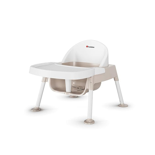 Foundations Secure Sitter 5" Feeding Chair, Stable “No Tip” Feet, 3-Point Adjustable Harness, Removable Tray, Easy to Clean, Smooth Plastic (White/Tan)