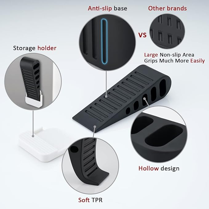 JQK Rubber Door Stopper Wedge, Black 3 Pack Soft TPR Premium Door Stops for Bottom of Heavy Duty Door on Tile, Concrete, Carpet, Wooden Floor, DSB61-BK-P3