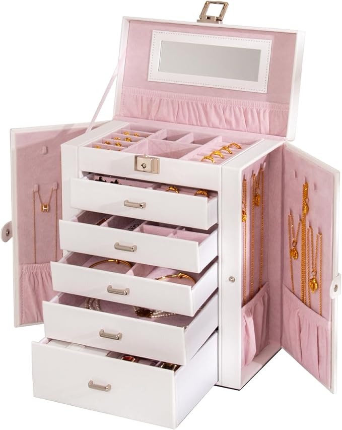 Large Jewelry Box,5-Tier PU Leather Jewelry Organizer with Lock,Multi-functional Storage Case with Mirror,Jewelry Organizer for Bracelets, Earrings, Rings, Necklaces, Mothers Day (CREAM)