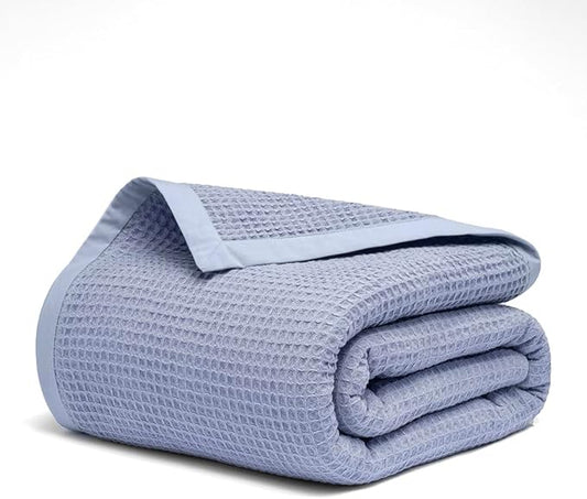 Salt Earth GOTS Certified 100% Organic Cotton Throw Blanket, 90" X 90" Waffle Blankets & Throws for Bed, Throw Blanket for Couch, Modern and Cozy Blanket, All Season, Comfy Soft Blanket(Powder Blue)