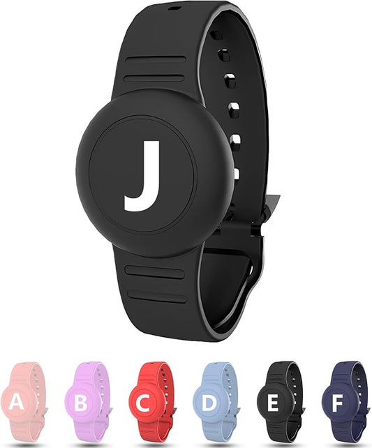 Waterproof Bracelet for AirTag Kids, Personalized Initial Letter Hidden Holder Compatible with Air Tag, Silicone Case for Airtag Adjustable Anti-Lost GPS Tracker for Toddler Child Elder, J