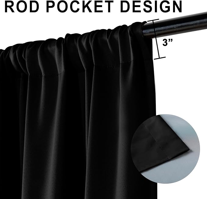 XWZO 100% Blackout Curtains with Tiebacks- Rod Pocket Heat and Full Light Blocking Window Panels & Thermal Insulated Draperies for Wide Large Window, Black, W60 x L84, Set of 2